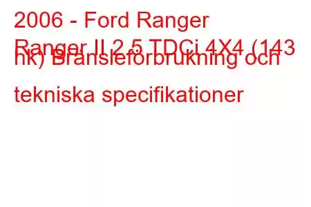 2006 - Ford Ranger
Ranger II 2.5 TDCi 4X4 (143 hk) Bränsleförbrukning och tekniska specifikationer