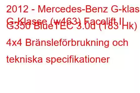 2012 - Mercedes-Benz G-klass
G-Klasse (w463) Facelift II G350 BlueTEC 3.0d (183 Hk) 4x4 Bränsleförbrukning och tekniska specifikationer