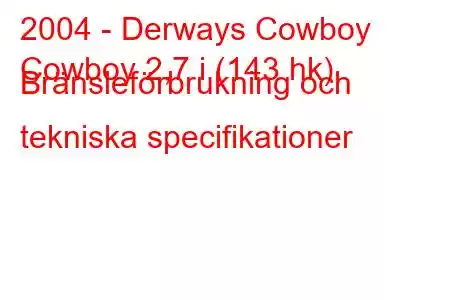 2004 - Derways Cowboy
Cowboy 2,7 ​​i (143 hk) Bränsleförbrukning och tekniska specifikationer