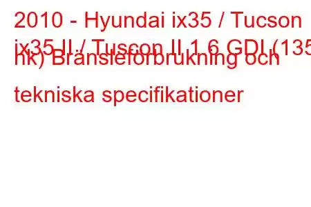 2010 - Hyundai ix35 / Tucson
ix35 II / Tuscon II 1.6 GDI (135 hk) Bränsleförbrukning och tekniska specifikationer