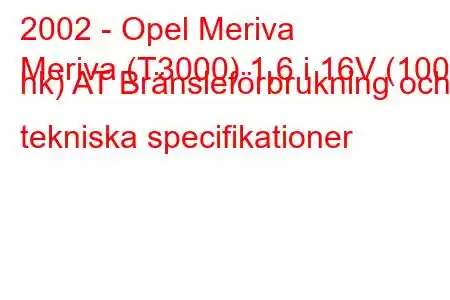 2002 - Opel Meriva
Meriva (T3000) 1,6 i 16V (100 hk) AT Bränsleförbrukning och tekniska specifikationer