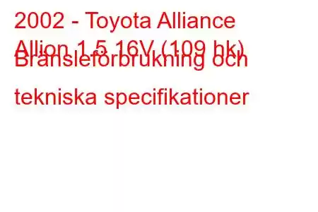 2002 - Toyota Alliance
Allion 1.5 16V (109 hk) Bränsleförbrukning och tekniska specifikationer