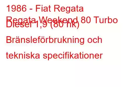 1986 - Fiat Regata
Regata Weekend 80 Turbo Diesel 1,9 (80 hk) Bränsleförbrukning och tekniska specifikationer