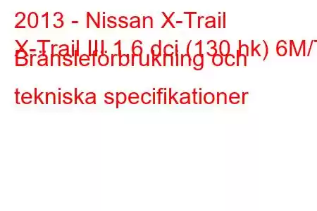 2013 - Nissan X-Trail
X-Trail III 1,6 dci (130 hk) 6M/T Bränsleförbrukning och tekniska specifikationer