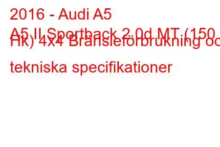 2016 - Audi A5
A5 II Sportback 2.0d MT (150 Hk) 4x4 Bränsleförbrukning och tekniska specifikationer