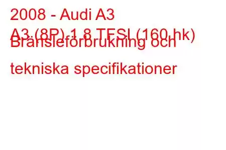 2008 - Audi A3
A3 (8P) 1.8 TFSI (160 hk) Bränsleförbrukning och tekniska specifikationer