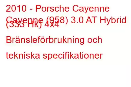 2010 - Porsche Cayenne
Cayenne (958) 3.0 AT Hybrid (333 Hk) 4x4 Bränsleförbrukning och tekniska specifikationer