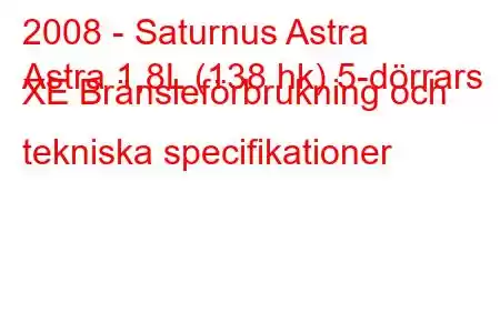 2008 - Saturnus Astra
Astra 1,8L (138 hk) 5-dörrars XE Bränsleförbrukning och tekniska specifikationer