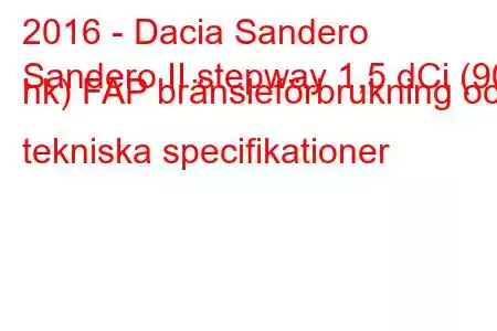 2016 - Dacia Sandero
Sandero II stepway 1,5 dCi (90 hk) FAP bränsleförbrukning och tekniska specifikationer