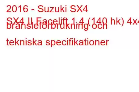 2016 - Suzuki SX4
SX4 II Facelift 1.4 (140 hk) 4x4 bränsleförbrukning och tekniska specifikationer