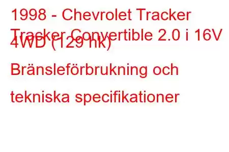 1998 - Chevrolet Tracker
Tracker Convertible 2.0 i 16V 4WD (129 hk) Bränsleförbrukning och tekniska specifikationer