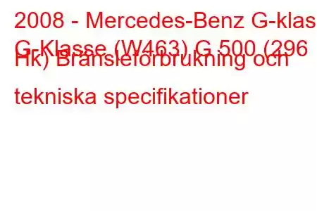 2008 - Mercedes-Benz G-klass
G-Klasse (W463) G 500 (296 Hk) Bränsleförbrukning och tekniska specifikationer