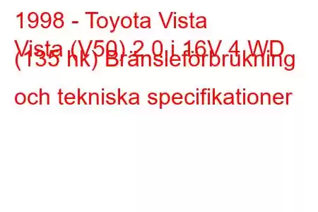 1998 - Toyota Vista
Vista (V50) 2.0 i 16V 4 WD (135 hk) Bränsleförbrukning och tekniska specifikationer