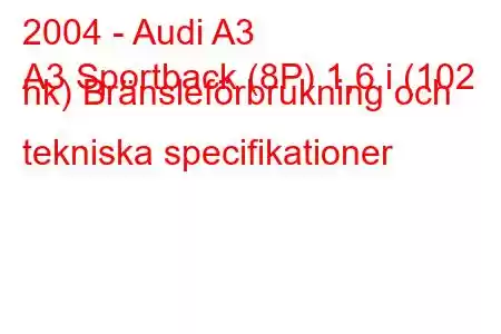 2004 - Audi A3
A3 Sportback (8P) 1,6 i (102 hk) Bränsleförbrukning och tekniska specifikationer