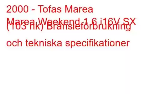 2000 - Tofas Marea
Marea Weekend 1.6 i16V SX (103 hk) Bränsleförbrukning och tekniska specifikationer