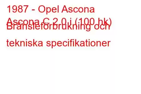 1987 - Opel Ascona
Ascona C 2.0 i (100 hk) Bränsleförbrukning och tekniska specifikationer