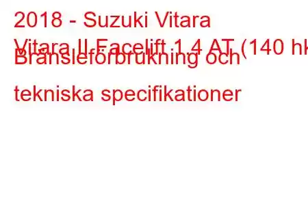 2018 - Suzuki Vitara
Vitara II Facelift 1.4 AT (140 hk) Bränsleförbrukning och tekniska specifikationer