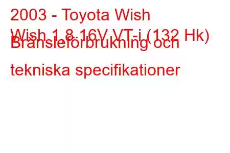 2003 - Toyota Wish
Wish 1,8 16V VT-i (132 Hk) Bränsleförbrukning och tekniska specifikationer