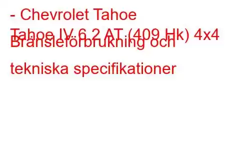 - Chevrolet Tahoe
Tahoe IV 6.2 AT (409 Hk) 4x4 Bränsleförbrukning och tekniska specifikationer