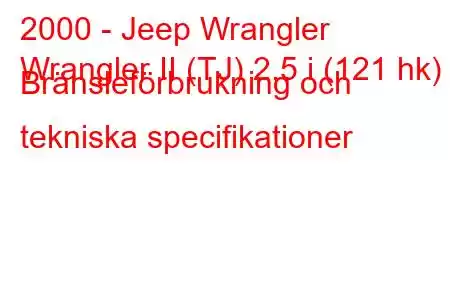 2000 - Jeep Wrangler
Wrangler II (TJ) 2,5 i (121 hk) Bränsleförbrukning och tekniska specifikationer