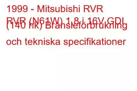 1999 - Mitsubishi RVR
RVR (N61W) 1,8 i 16V GDI (140 hk) Bränsleförbrukning och tekniska specifikationer