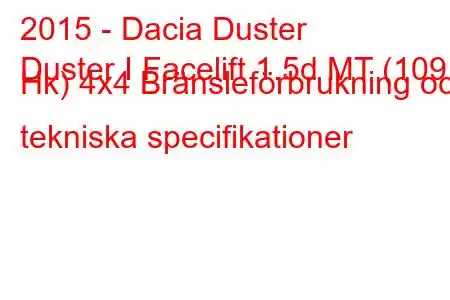 2015 - Dacia Duster
Duster I Facelift 1.5d MT (109 Hk) 4x4 Bränsleförbrukning och tekniska specifikationer