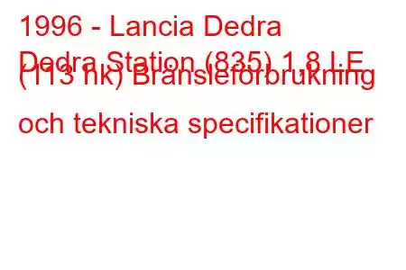 1996 - Lancia Dedra
Dedra Station (835) 1,8 LE (113 hk) Bränsleförbrukning och tekniska specifikationer