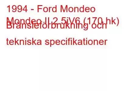 1994 - Ford Mondeo
Mondeo II 2.5iV6 (170 hk) Bränsleförbrukning och tekniska specifikationer