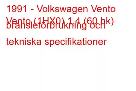 1991 - Volkswagen Vento
Vento (1HX0) 1,4 (60 hk) bränsleförbrukning och tekniska specifikationer