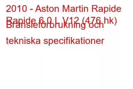 2010 - Aston Martin Rapide
Rapide 6,0 L V12 (476 hk) Bränsleförbrukning och tekniska specifikationer