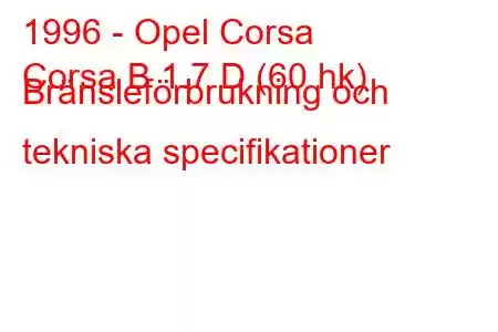 1996 - Opel Corsa
Corsa B 1.7 D (60 hk) Bränsleförbrukning och tekniska specifikationer