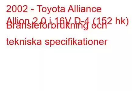 2002 - Toyota Alliance
Allion 2.0 i 16V D-4 (152 hk) Bränsleförbrukning och tekniska specifikationer