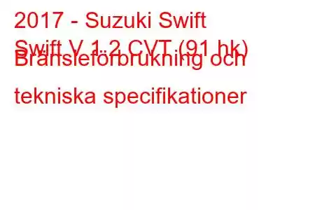 2017 - Suzuki Swift
Swift V 1.2 CVT (91 hk) Bränsleförbrukning och tekniska specifikationer