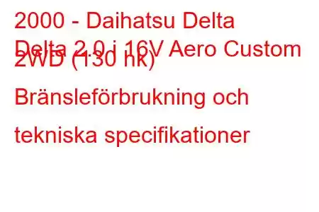 2000 - Daihatsu Delta
Delta 2.0 i 16V Aero Custom 2WD (130 hk) Bränsleförbrukning och tekniska specifikationer