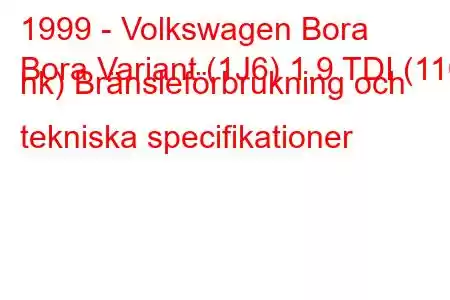 1999 - Volkswagen Bora
Bora Variant (1J6) 1.9 TDI (110 hk) Bränsleförbrukning och tekniska specifikationer