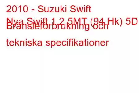 2010 - Suzuki Swift
Nya Swift 1.2 5MT (94 Hk) 5D Bränsleförbrukning och tekniska specifikationer