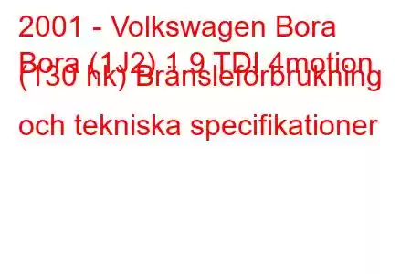 2001 - Volkswagen Bora
Bora (1J2) 1.9 TDI 4motion (130 hk) Bränsleförbrukning och tekniska specifikationer