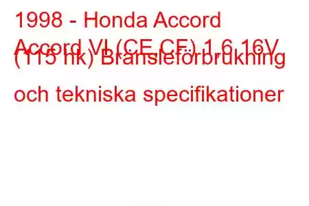 1998 - Honda Accord
Accord VI (CE,CF) 1,6 16V (115 hk) Bränsleförbrukning och tekniska specifikationer