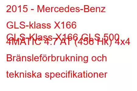 2015 - Mercedes-Benz GLS-klass X166
GLS-Klass X166 GLS 500 4MATIC 4.7 AT (456 Hk) 4x4 Bränsleförbrukning och tekniska specifikationer