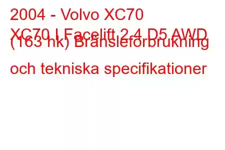 2004 - Volvo XC70
XC70 I Facelift 2.4 D5 AWD (163 hk) Bränsleförbrukning och tekniska specifikationer