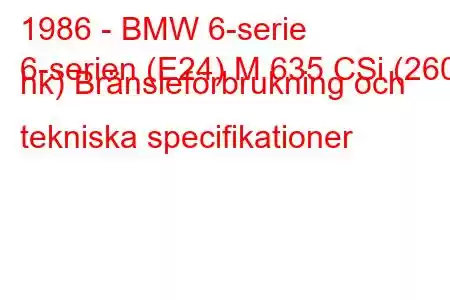 1986 - BMW 6-serie
6-serien (E24) M 635 CSi (260 hk) Bränsleförbrukning och tekniska specifikationer