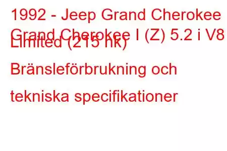 1992 - Jeep Grand Cherokee
Grand Cherokee I (Z) 5.2 i V8 Limited (215 hk) Bränsleförbrukning och tekniska specifikationer