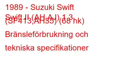 1989 - Suzuki Swift
Swift II (AH,AJ) 1.3 (SF413,AH35) (68 hk) Bränsleförbrukning och tekniska specifikationer