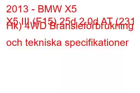 2013 - BMW X5
X5 III (F15) 25d 2.0d AT (231 Hk) 4WD Bränsleförbrukning och tekniska specifikationer