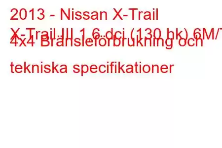 2013 - Nissan X-Trail
X-Trail III 1,6 dci (130 hk) 6M/T 4x4 Bränsleförbrukning och tekniska specifikationer