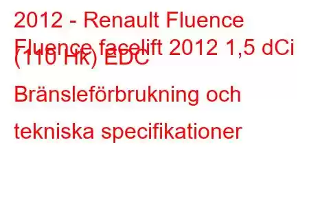 2012 - Renault Fluence
Fluence facelift 2012 1,5 dCi (110 Hk) EDC Bränsleförbrukning och tekniska specifikationer