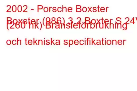 2002 - Porsche Boxster
Boxster (986) 3.2 Boxter S 24V (260 hk) Bränsleförbrukning och tekniska specifikationer