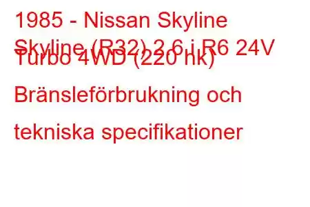 1985 - Nissan Skyline
Skyline (R32) 2.6 i R6 24V Turbo 4WD (220 hk) Bränsleförbrukning och tekniska specifikationer