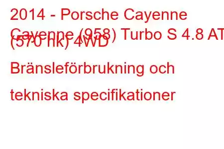 2014 - Porsche Cayenne
Cayenne (958) Turbo S 4.8 AT (570 hk) 4WD Bränsleförbrukning och tekniska specifikationer