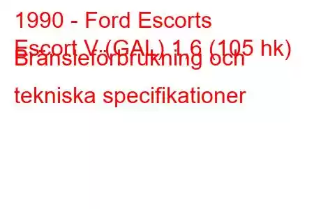 1990 - Ford Escorts
Escort V (GAL) 1,6 (105 hk) Bränsleförbrukning och tekniska specifikationer